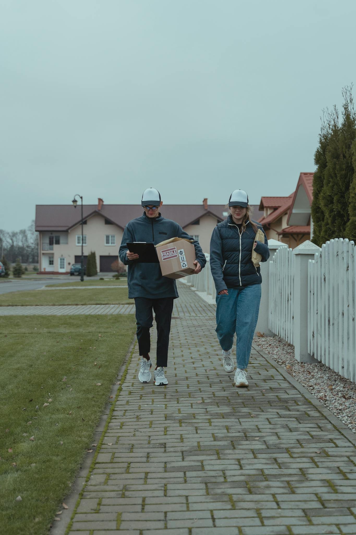 Two couriers delivering packages in a suburban neighborhood, showcasing delivery service and teamwork.